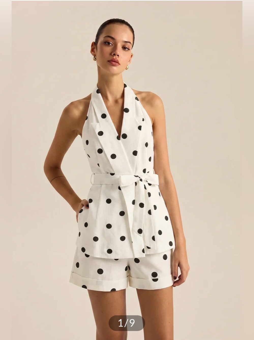 Commense Polka Dot Belted Top & Shorts Set
